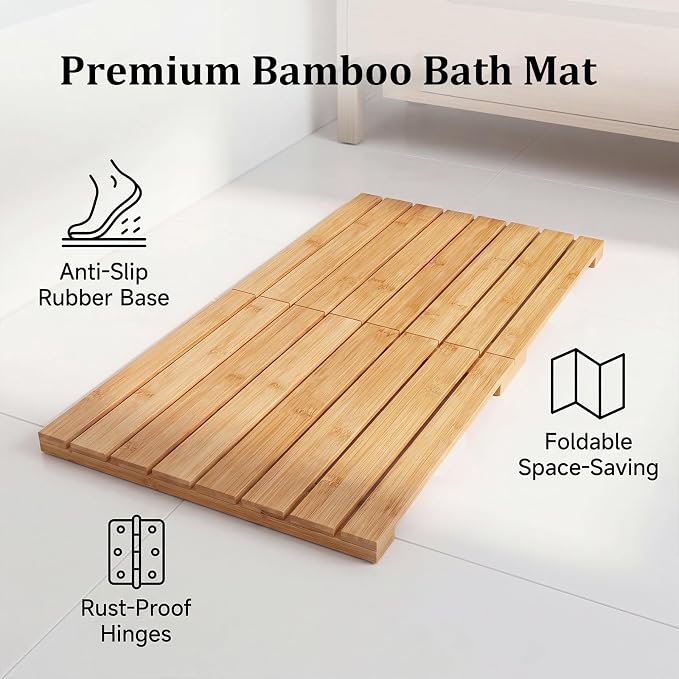 Bamboo Bath Mat for Bathroom Waterproof Foldable Shower Mat Non-Slip Quick Dry Bath Rug Heavy Duty Floor Mat for Shower Tub,Wood,L23.5''×W15.6''×H2''