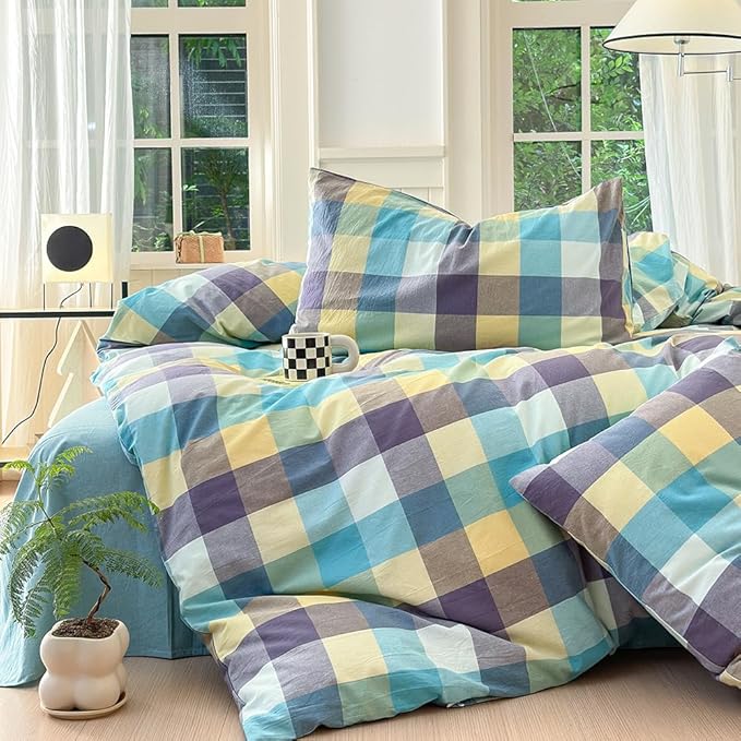 FACE TWO FACE Bedding Duvet Cover Set100% Washed Cotton Duvet Cover Linen Like Textured Breathable Durable Soft Comfy (Full, Yunxi Blue)