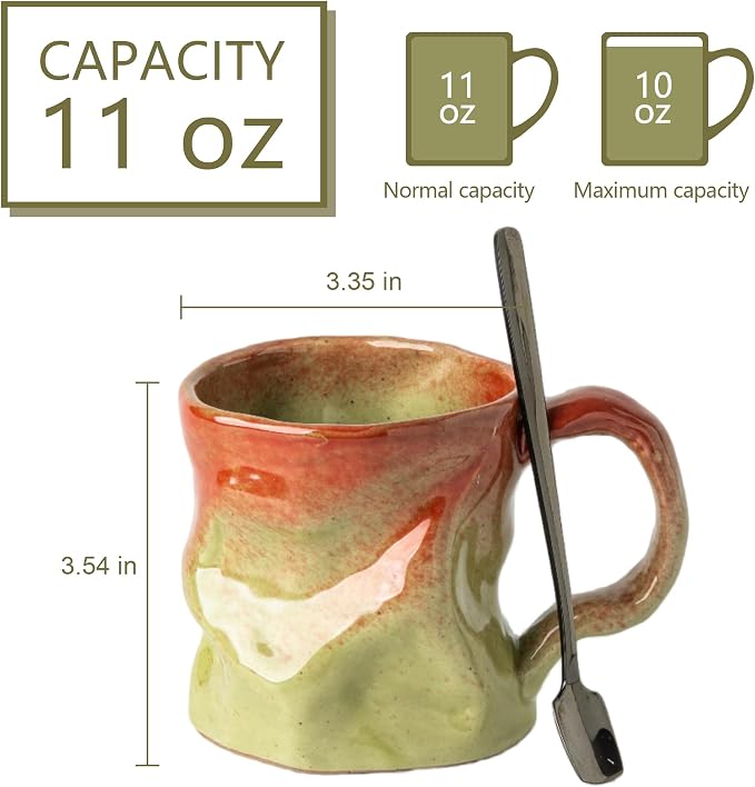 Handmade Ceramic Coffee Mugs, Mugs with Spoon, 11oz, Handmade Pottery Mug with Handle, Hand-painting, Unique Uneven Surface Tea cups, Dishwasher and Microwave Safe (green)
