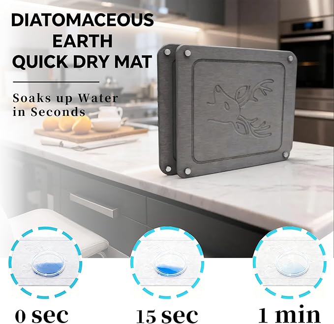 Nested Dish Drying Stone Mat | 2 Pcs Diatomaceous Earth Stone Drying Mats for Kitchen Counter with Non-Slip Feet | Collapsible Large Drying Stone for Dishes - Dark Gray