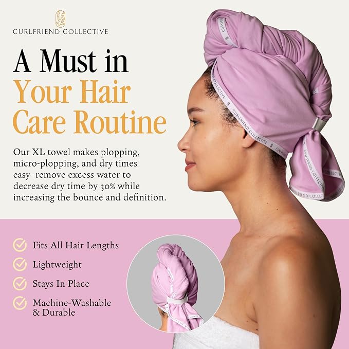 Curlfriend Collective Cotton Cloud T-Shirt Hair Towel Duo – Lilac Locks Hair Towel Wrap for Women, XL + Mini Hair Drying Towels for Curly Hair, No-Slip Plopping Towel, Ultra Absorbent Cotton