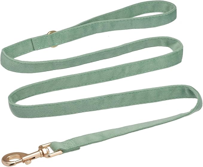 Soft Corduroy Dog Collar and Leash Set Adjustable Durable Dog Collars with Metal Buckle and Lead for Small Dogs,Grass Green