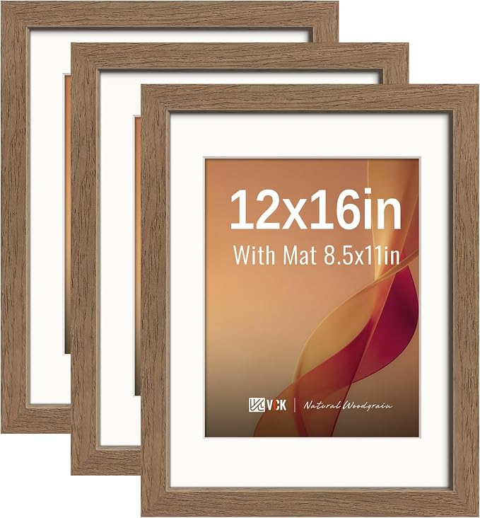 VCK 12x16 Picture Frames Walnut 3 Pack, Wide Border Wood, Tempered Glass, Display 8.5x11 Poster Photo with Mat or 12 x 16 Without, for Home, Office, Gallery, Woodgrain Series, Wall Hanging