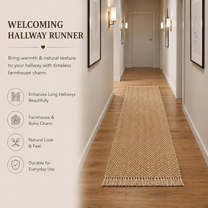 Chevron Weave with Fringes Woven Runner Rug 2x6 Feet - Beige, Boho Farmhouse Polyester Fibre Area Runners for Hallways, Kitchen, Living Room | Brown Reversible Corridor Space Large Floor Décor Mat