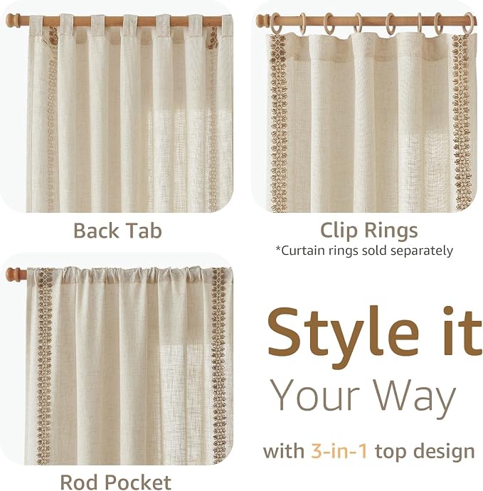 jinchan Beige Linen Blend Curtains with Woven Trim Boho Curtains 108 Inches Extra Long 2 Panels Living Room Bedroom Light Filtering 50 Inches Wide Rustic Farmhouse Drapes Rod Pocket Back Tab Ecru