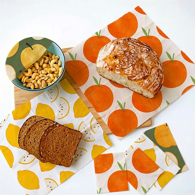 Reusable Beeswax Wraps, 9 Pack Sandwich, Snack, Food Preservation, Organic, Sustainable, Zero Waste, Plastic-Free Storage, 1XL, 3M, 5S, Orange Apple Lemon Fruit Patterns