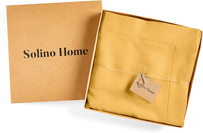 Solino Home Linen Tablecloth for Rectangle Tables 60 x 144 Inch - 100% Pure Linen Mustard Yellow Table Cloth - Fete, Machine Washable Cloth Tablecloth for Summer
