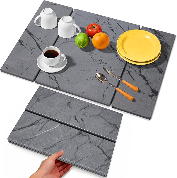 Large Stone Drying Mat for Kitchen Counter, Foldable Quick Dry Dish Drying Mat, 24"x16" Water Absorbent Diatomaceous Earth Mats for Bottles Cups Dishes, Modern Kitchen Essentials (Dark Gray)