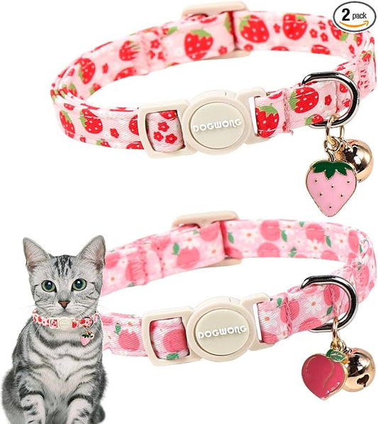 2 Pack Pink Strawberry Cat Collars Breakaway with Bell, DOGWONG Safety Buckle Peach Cat Collar for Girl Boy Cats and Small Dogs，Adjustable 7-12 Inch,Pet Supplies Accessories