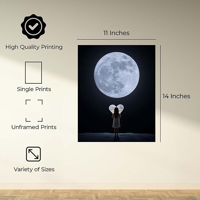 InkFlow Posters Moon and Heart Typography Poster - Romantic Night Sky Illustration - Modern Love Wall Art for Bedroom, Living Room, Home - 11x14 Unframed Canvas Print