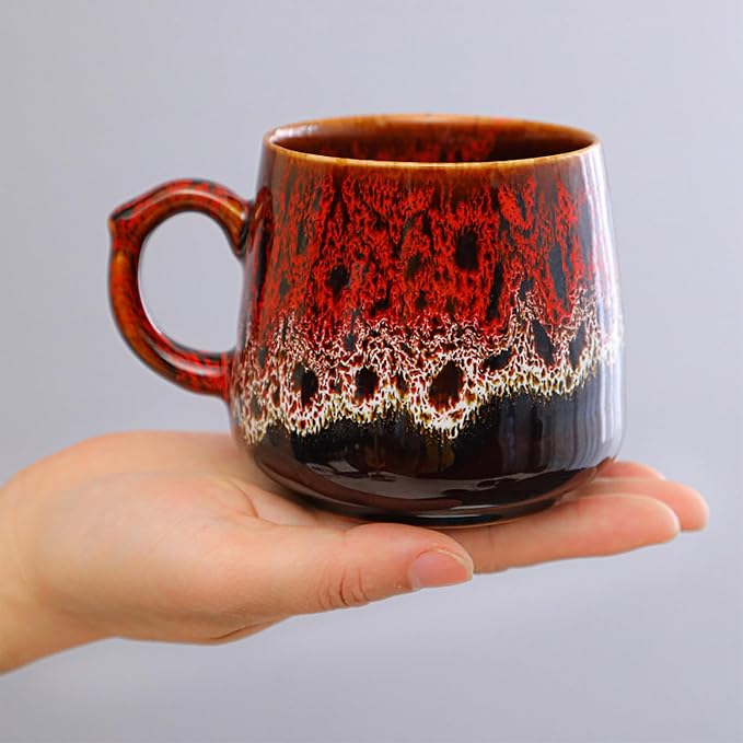 Novelty Unique Coffee Mugs & Large Tea Mug, Handmade Handcrafted Look Ceramic Cup for Family Friends, Microwave & Dishwasher Safe(Red, 12, ounces)