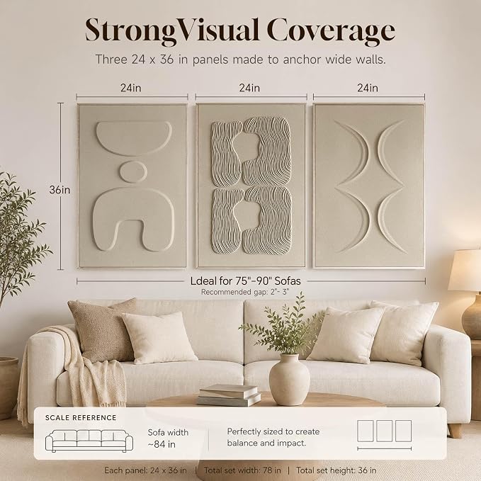 Thalasse Large 3-Piece 3D Textured Wall Art, Wabi Sabi Sandstone Relief Panels with Solid Wood Frame, 24x36 Inch Minimalist Wall Decor for Living Room, Hallway and Entryway