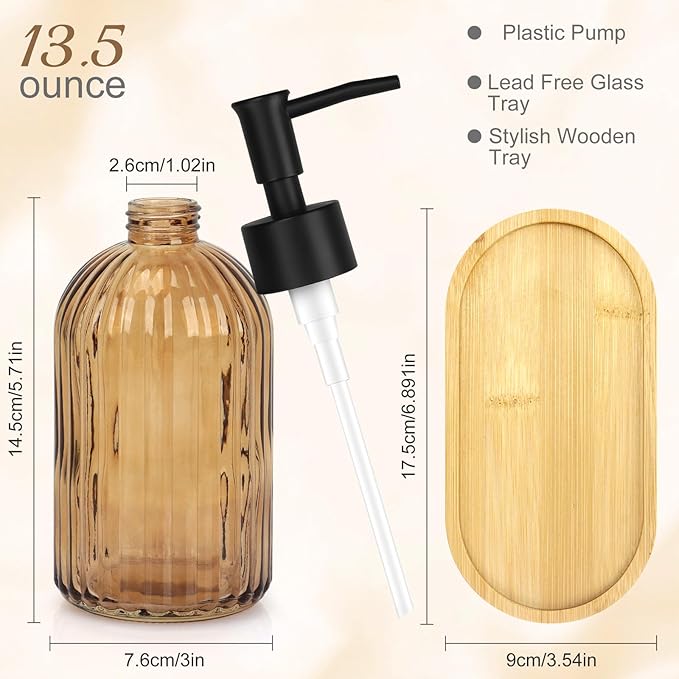 Glass Soap Dispenser Set with Wood Tray, Glass Soap Dispenser with Plastic Pump, Hand and Dish Set for Bathroom Decor (Amber)