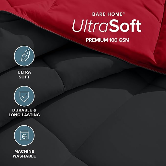 Bare Home Twin/Twin Extra Long Comforter - Reversible Colors - Goose Down Alternative - Ultra-Soft - Premium 1800 Series - All Season Warmth - Bedding Comforter (Twin/Twin XL, Black/Red)