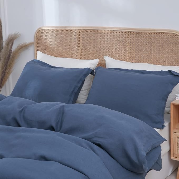 Simple&Opulence 100% Linen Duvet Cover Set 3pcs Basic Style Natural French Washed Flax Solid Color Soft Breathable Farmhouse Bedding with Button Closure - Classic Blue, King