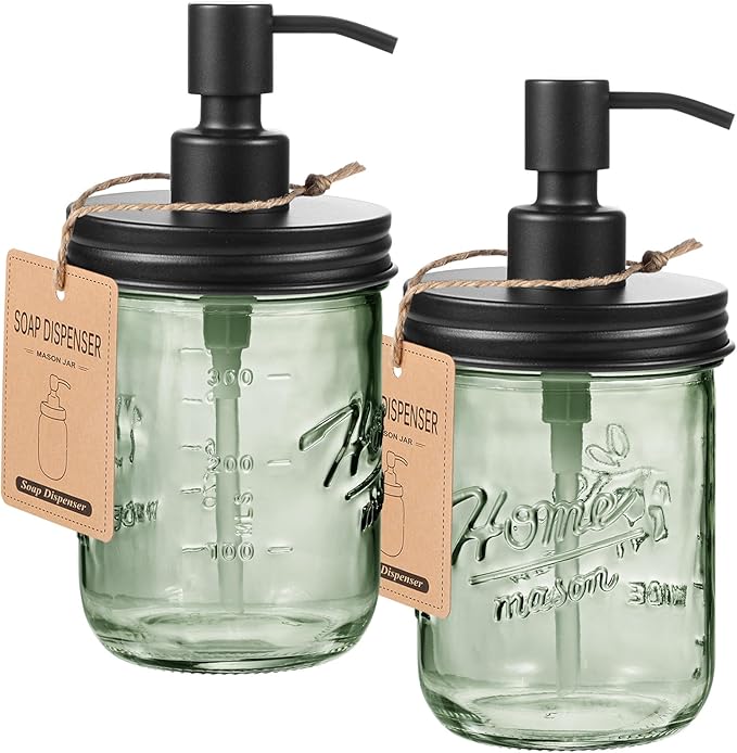 SheeChung 16Oz Mason Jar Green Glass Soap Dispenser, Stainless Steel Pump, Refillable Dish soap Dispenser for Kitchen, Bathroom Hand Soap Dispenser for Lotion, Liquid, Farmhouse Decor (Black, 2 Pack)