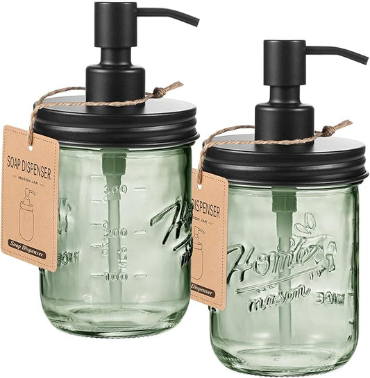 SheeChung 16Oz Mason Jar Green Glass Soap Dispenser, Stainless Steel Pump, Refillable Dish soap Dispenser for Kitchen, Bathroom Hand Soap Dispenser for Lotion, Liquid, Farmhouse Decor (Black, 2 Pack)