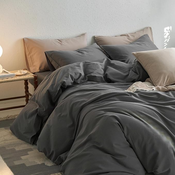 MooMee King Duvet Cover Set, 100% Washed Cotton Linen Like Twill Thick Sturdy Material Super Soft Breathable Durable Bedding for All Season, 3 Pieces (Dark Gray, King 104"x90")