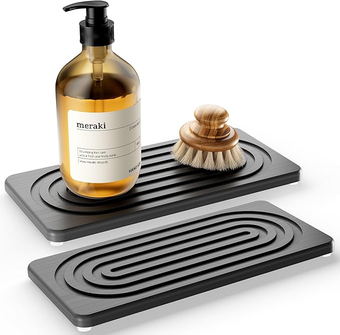 Water Absorbing Stone Tray, Quick Drying Diatomite Bathroom Tray Countertop, Stone Drying Mat for Kitchen Counter, Soap Dish Dispenser Vanity Organizer, Dark Grey-A-12.2" x 4"
