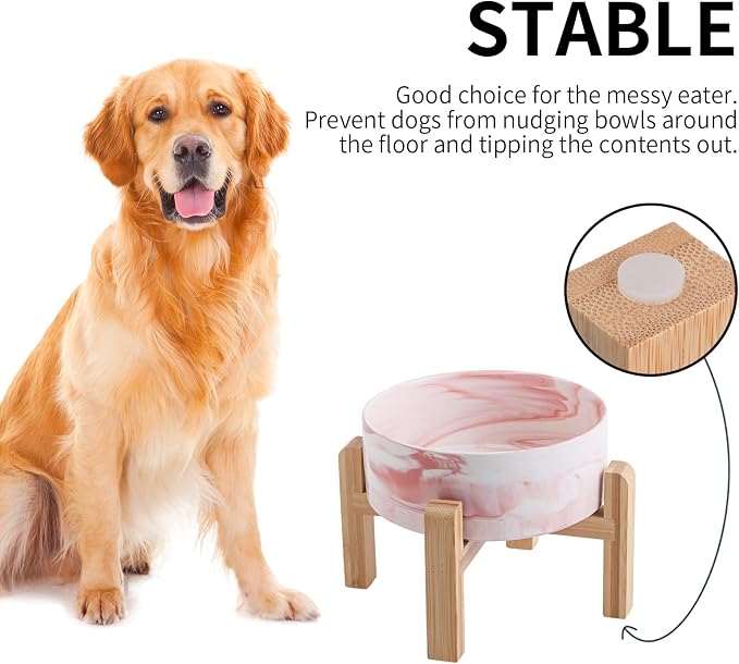 Raised/Elevated Ceramic Dog Bowl for Medium Large Sized Breeds,Large Dog Food Water Bowl with Stand,8 in Non Slip Heavy Weighted 1800ml/ 7.6 Cups/60 OZ Marble Pink