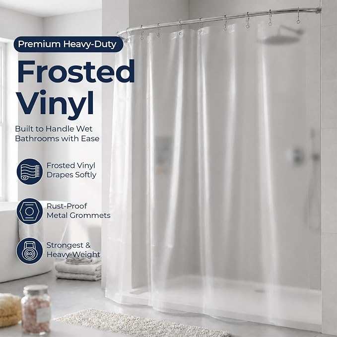 Epica Shower Curtain – Strongest Heavy-Duty Clear Vinyl 72x72 Shower Curtain Liner – Stain & Soap Scum Resistant with Rust-Proof Metal Grommets (Frosted)