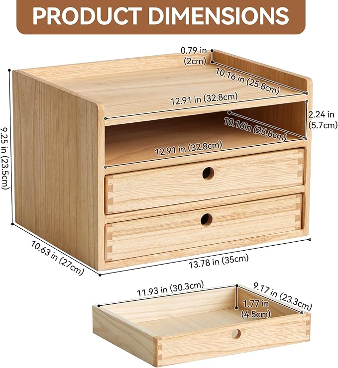 KIRIGEN Desktop Organizer Cabinet with 2 Drawers and Tray, Wood Office Desk Storage Shelf, 3-Tier Countertop Organizer for Papers, Supplies, Cosmetics, Kitchen Accessories Natural（DT3D2C-NA）