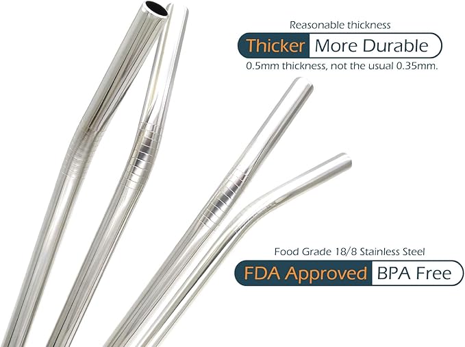 Big Drinking Straws Reusable 12 Inches Extra Long 9mm Extra Wide SUS 304 Food-Grade 18/8 Stainless Steel - Set of 4 with 2 Cleaning Brushes - Bent