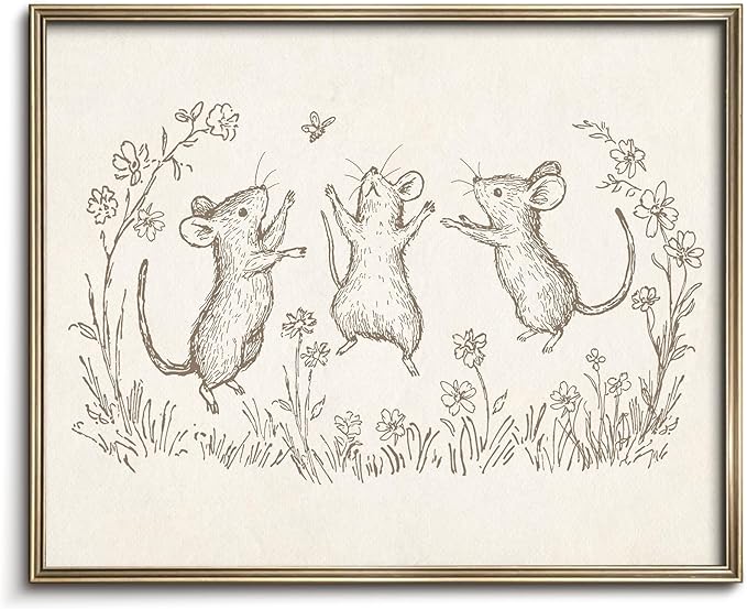 Vodefoad Mouse Sketch Vintage Wall Art Retro Nursery Dancing Mice Art Print Neutral Cottagecore Nursery Decor Farmhouse Rustic Mice Wall Decor for Gallery Nursery Bedroom Bathroom Office - 8x10Inch Unframe