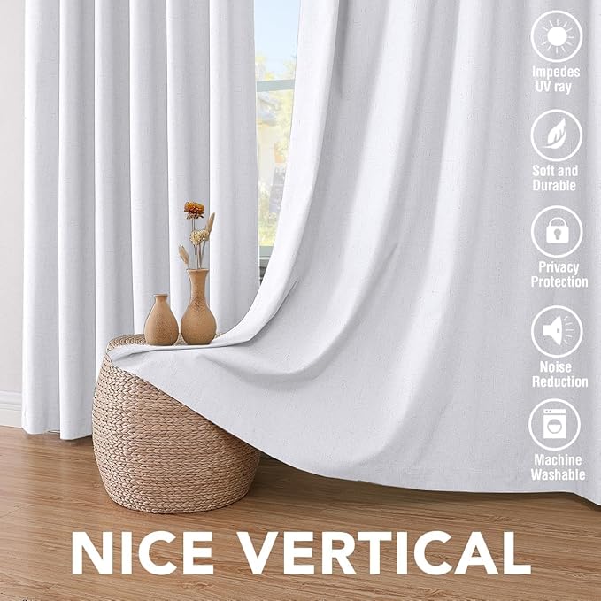 H.VERSAILTEX Blackout Curtains Linen Curtains 120 inches Long 100% Black Out Curtains for Bedroom Windows, Textured Linen Look Draperies Grommet with White Liner, 2 Panels, Bright White