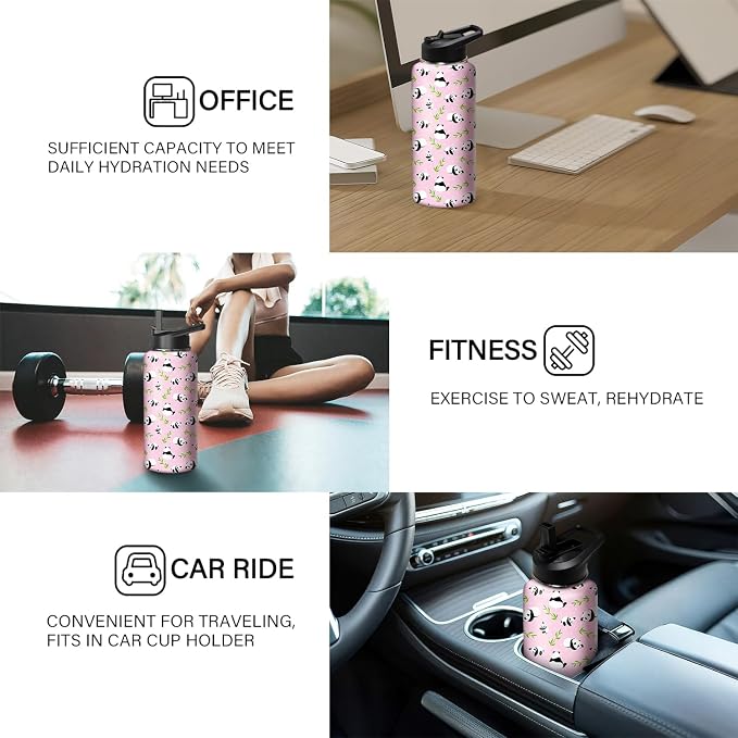 32oz Pink Panda Water Bottle with Handle and Flip Straw, Sports Stainless Steel Insulated Cup Travel Coffee Mug Tumbler, Birthday Mothers Day Chritmas Gifts for Women