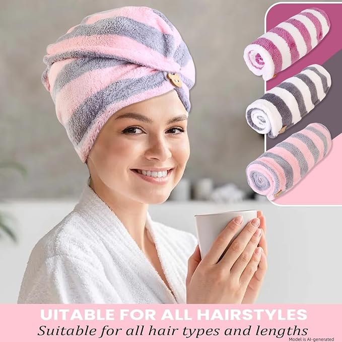 3 Pack Microfiber Hair Towel Wrap for Women, Fast Drying Hair Turban with Button, Anti-Frizz Large Hair Towel for All Hair Styles, Soft & Absorbent Hair Drying Towel