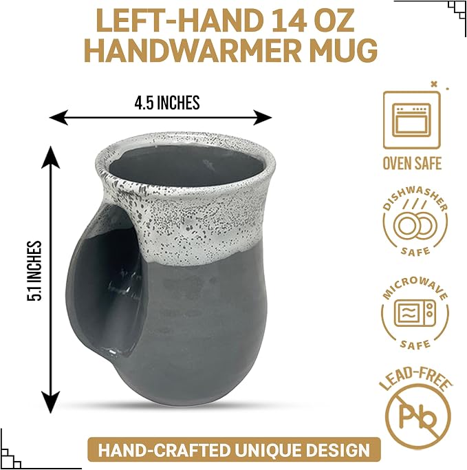 Clay in Motion Hand Warmer Coffee Mug – Handmade Coffee Mug With Comfortable Handle Contoured Pocket Hand Warming Ceramic Coffee Mug – Proudly Made in USA – Left Handed – 14 Oz - Snowcap