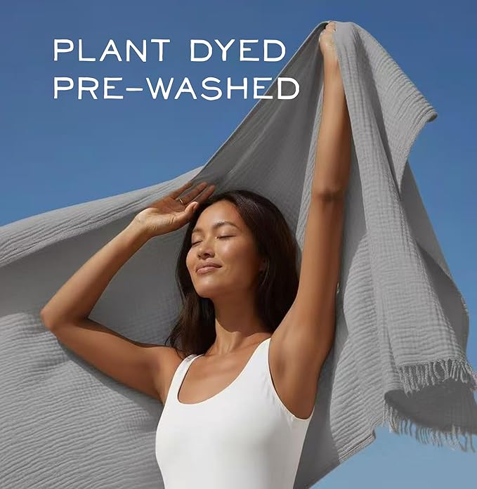 KyraHome Pre-Washed 100% Organic Cotton Blanket 90"x90" Queen Muslin Blankets for Adults, Bed, Plant Dyed, Lightweight Breathable Gauze Summer Bedspread, Coverlet, All Season, Light Grey