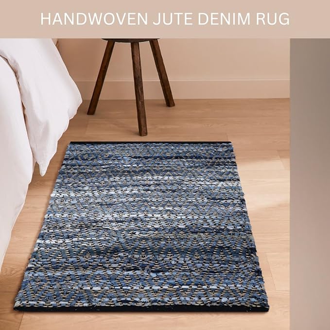 Hand Woven Area Rug Jute Denim 2x3 Feet - Rustic Farmhouse Bohemian Accent Rug for Living Room Bedroom Kitchen Entryway Floor Mats Anti Skid - Ideal for High Traffic Areas Rag Rug