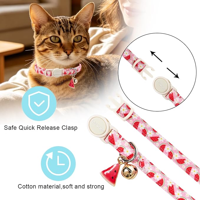 2 Pack Pink Cat Collars - Spring Summer Breakaway Cat Collar with Bell, Adjustable Cute Pink Plaid Kitten Collars for Girl Cats, 7-12 Inch