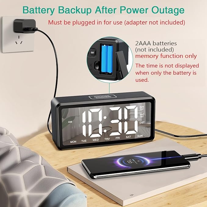 ORIA Wooden Digital Alarm Clock, LED Mirror Desk Clock with Dual Alarms, Snooze, Adjustable Brightness & Volume, Week, DST, for Bedroom Bedside Office