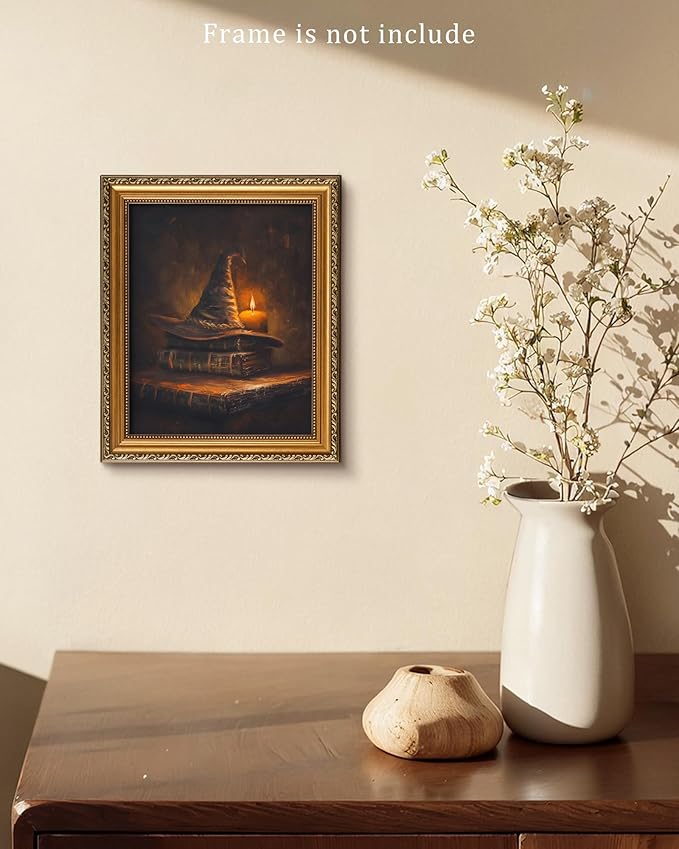 Retro Halloween Witch Hat with Magic Book Wall Art: Gloomy Witch Hat and Old book Horror Canvas Poster Suitable for Halloween Wall Decorations Dark Academic Style Witch Spell Book Print Suitable for Galleries, Living Rooms, Bedrooms (Frameless 8x10 inc...