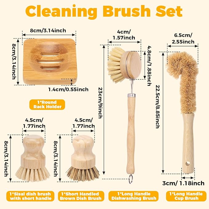 Bamboo Dish Brush Set, 5 Pcs Wooden Kitchen Scrubber – Long Handle Dish & Cup Brush, Short Handle Sisal & Coarse Brown Brush, Includes Square Tray, Ergonomic Natural Cleaning Kit for Pots Pans Bottles