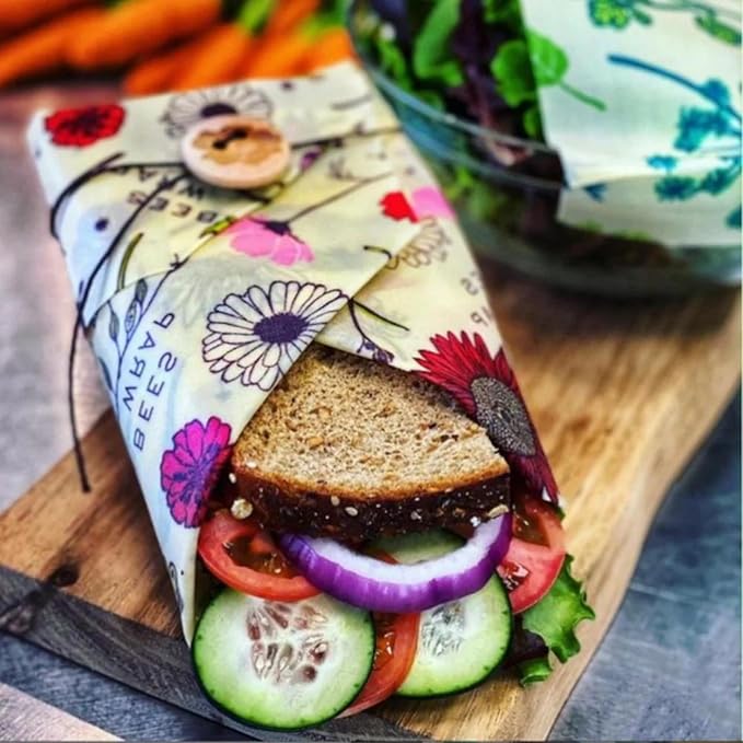 Bee's Wrap Vegan Beeswax Sandwich Wrap - Beeswax Lunch Wrap with Button & Tie - Plastic Free Made in USA Reusable Natural Food Wrap - Meadow Magic