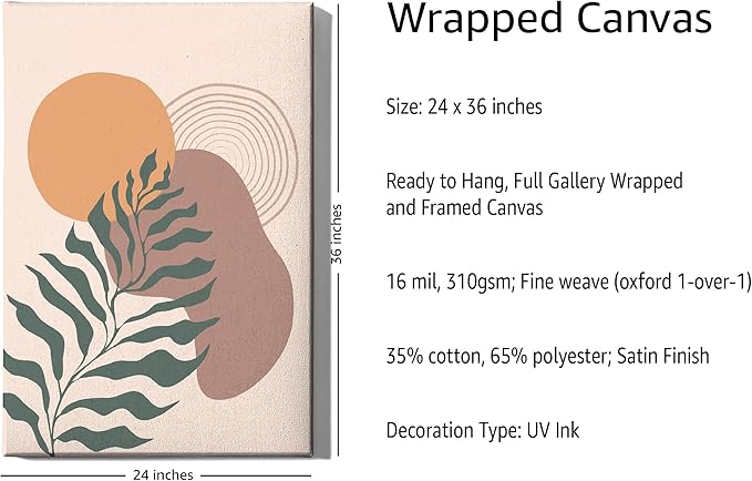 Boho Monstera Leaf Wrapped Canvas Wall Art Abstract Sun Earth Tones Terracotta 24x36 Inch Gallery Stretched Mid Century Modern Home Art Decor