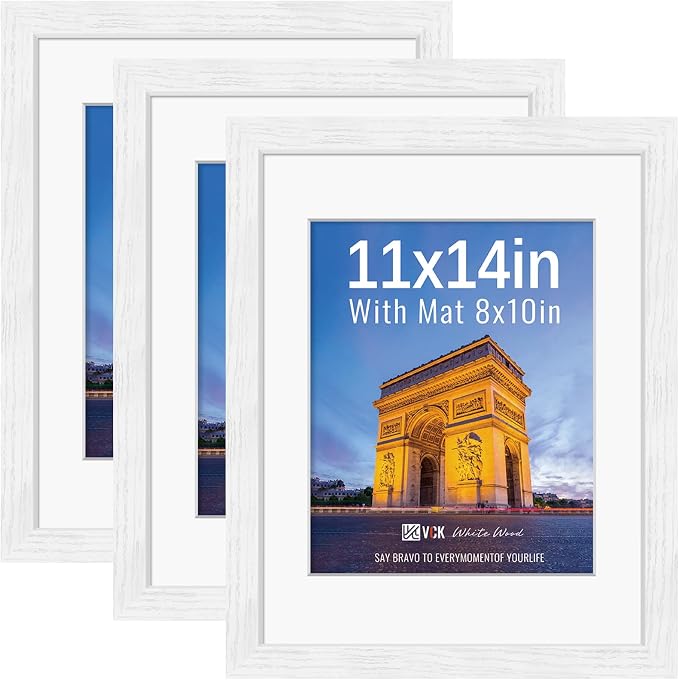 VCK 11x14 Picture Frames White 3 Pack, Wide Border Wood, Tempered Glass, Display 8x10 Photo with Mat or 11 x 14 without, for Home, Office, Gallery, Woodgrain Series, Wall Hanging