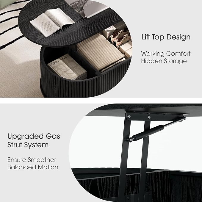 JOINICE 42.5" Oval Lift Top Coffee Table with Storage,Modern Black Center Table with Fluted Design, Solid Wood Legs & Hidden Compartment, Pop Up Coffee Table for Living Room