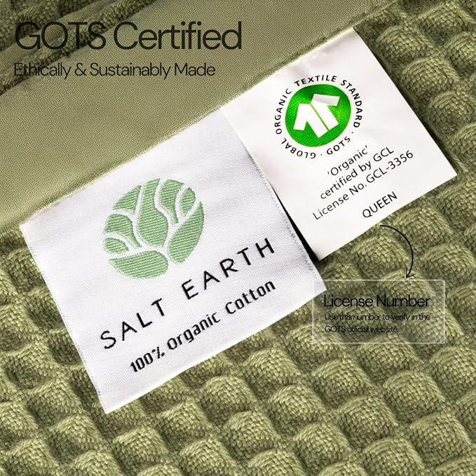 Salt Earth GOTS Certified 100% Organic Cotton Throw Blanket, 90"x90" Waffle Blankets & Throws for Bed, Throw Blanket for Couch, Cozy Christmas Blankets and Throws for Christmas Gifts (Mosstone)