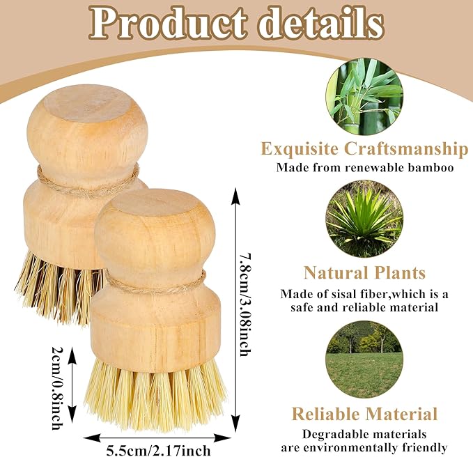 8 Packs Bamboo Dish Scrub Brushes Natural Palm Wooden Scrubbers Set Kitchen Dishwashing Scrubber with Natural Sisal Bristles for Iron Pot Pan Sink (Round)