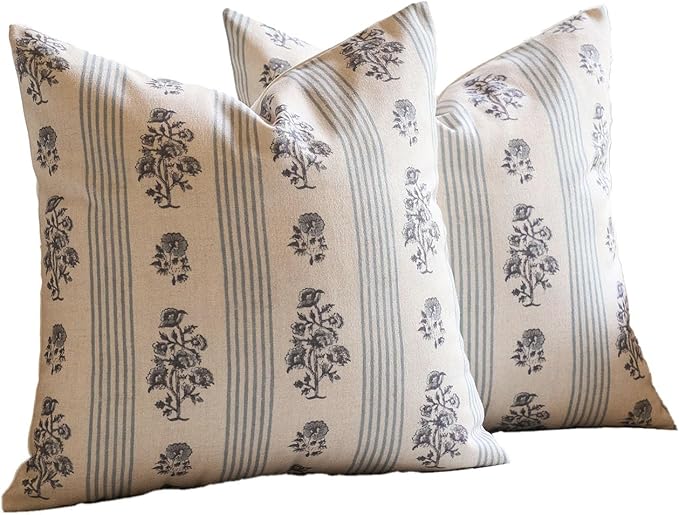 Amor Virisso Floral Throw Pillow Covers 24x24 Set of 2 Block Print Pillow Covers Neutral Floral Striped Farmhouse Decorative Pillow Covers for Sofa Couch Bed, Light Blue