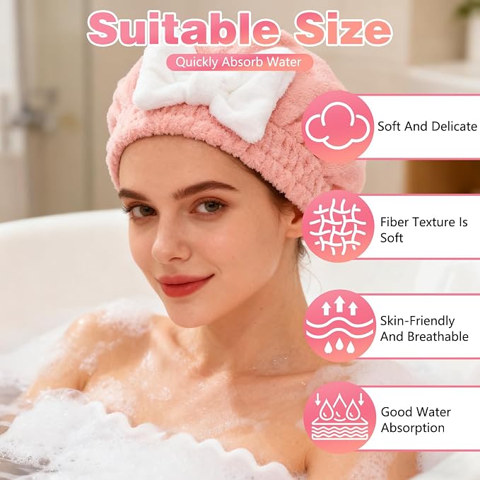 4Pcs Super Absorbent Hair Towel Wrap for Wet Hair, Microfiber Hair Towel Wrap Quick-Drying Thickened Hair Towels, Soft Bow Tie Wet Hair Towels Wrap for Women Girls (Pink+Blue+Yellow+Red)