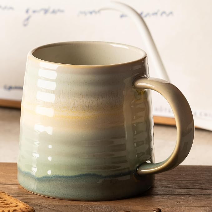 15.5 Oz Large Reactive Glaze Ceramic Mug, Heavy Weighted Stoneware Coffee Cup, Wide Base, Thick Wall Big Tea Cup with Custom Package Box, Microwave & Dishwasher Safe (Dusty Green)