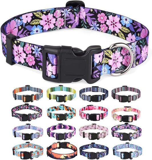 Mihqy Dog Collar with Bohemia Floral Tribal Geometric Patterns - Soft Ethnic Style Collar Adjustable for Small Medium Large Dogs(Floral Pink,M)