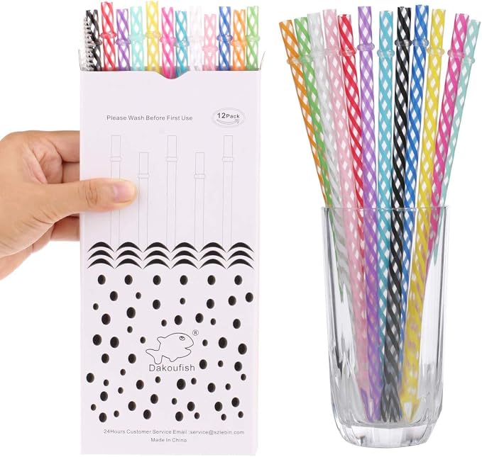 Dakoufish 12 Piece 9 Inch Reusable Plastic Thick Drinking Straws BPA Free Mason Jar Straws Transparent Small Stripe (9inch, Mix 12color)