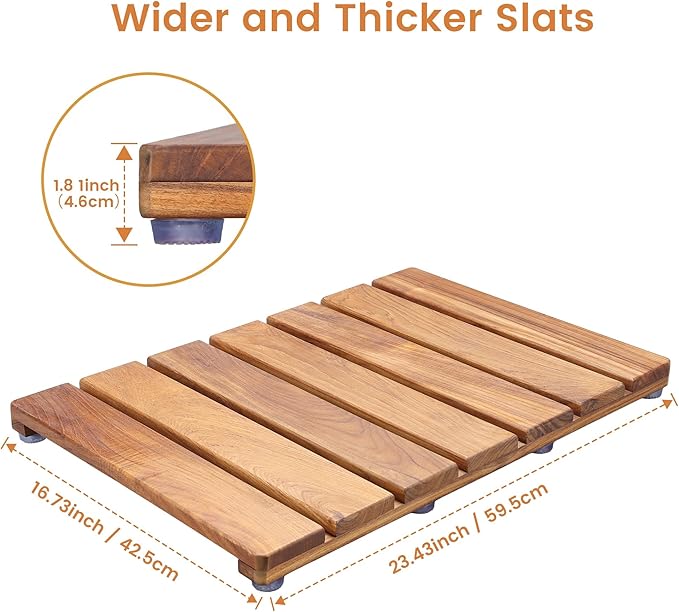 Natural Teak Wood Shower Bath Mat,23.43 * 16.73 Inches,Non-Slip Rubber Feet, Premium Wooden Floor Mats for Spa, Sauna, Pool and Hot Tub, Flooring Decor and Protector, Indoor and Outdoor Use